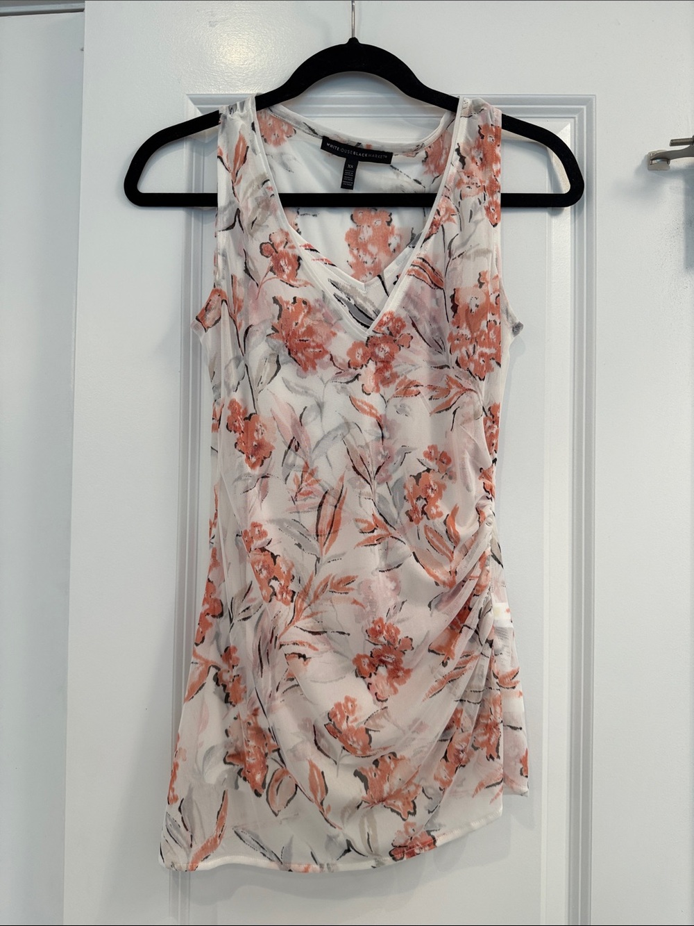 WHBM Sleeveless Faux-Wrap Floral Tank Top - Soft Coral on White